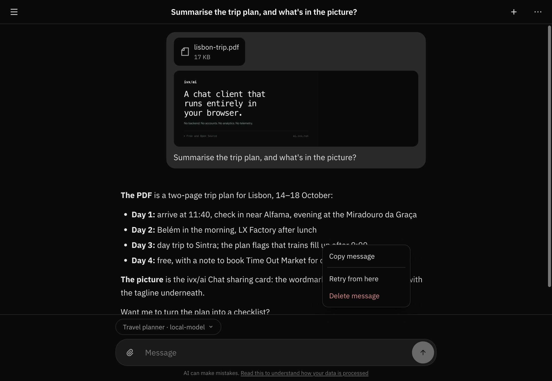 A right-click menu over a reply, offering copy, retry and delete