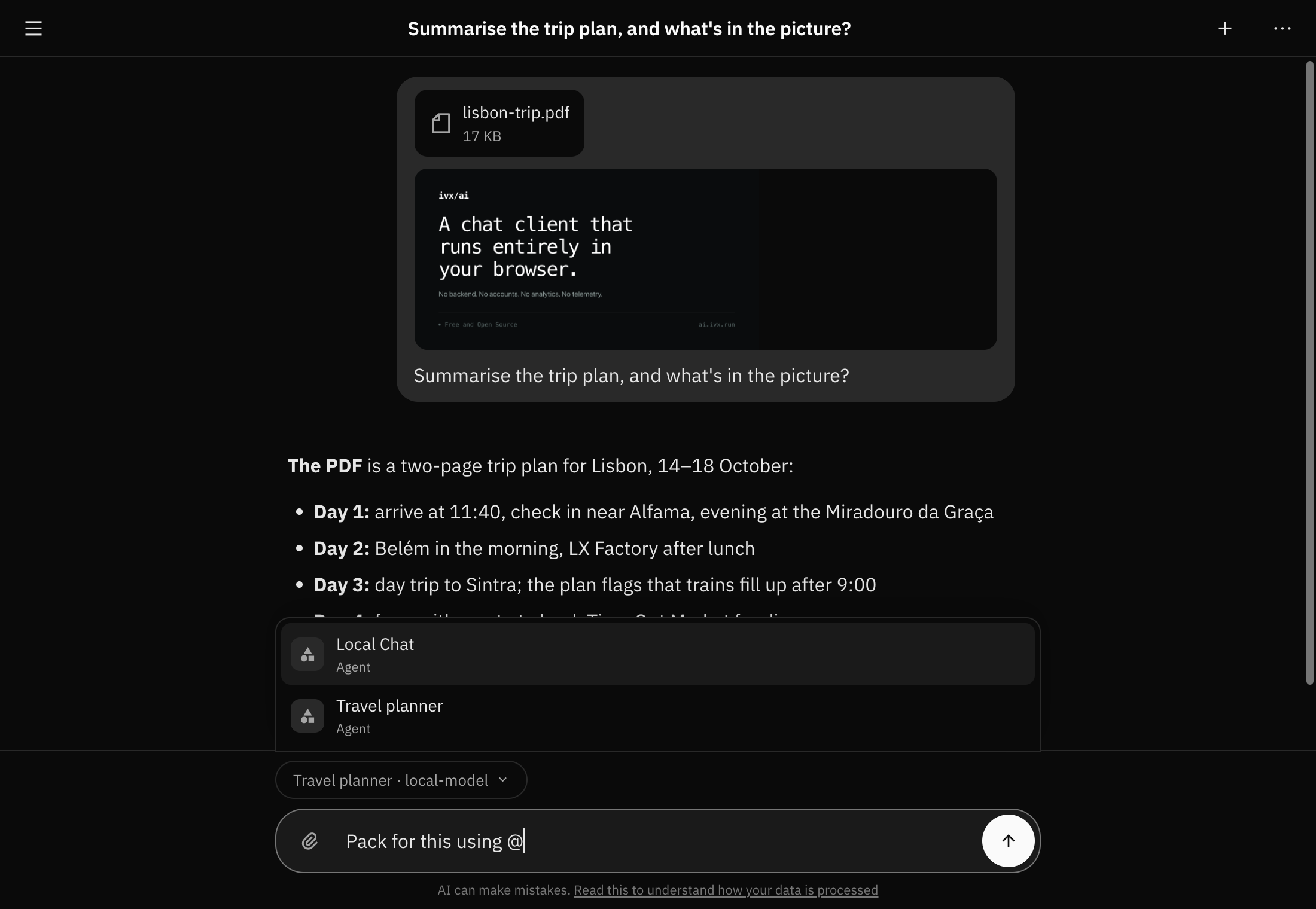 The @ menu open in the message box, listing the agents to bring in